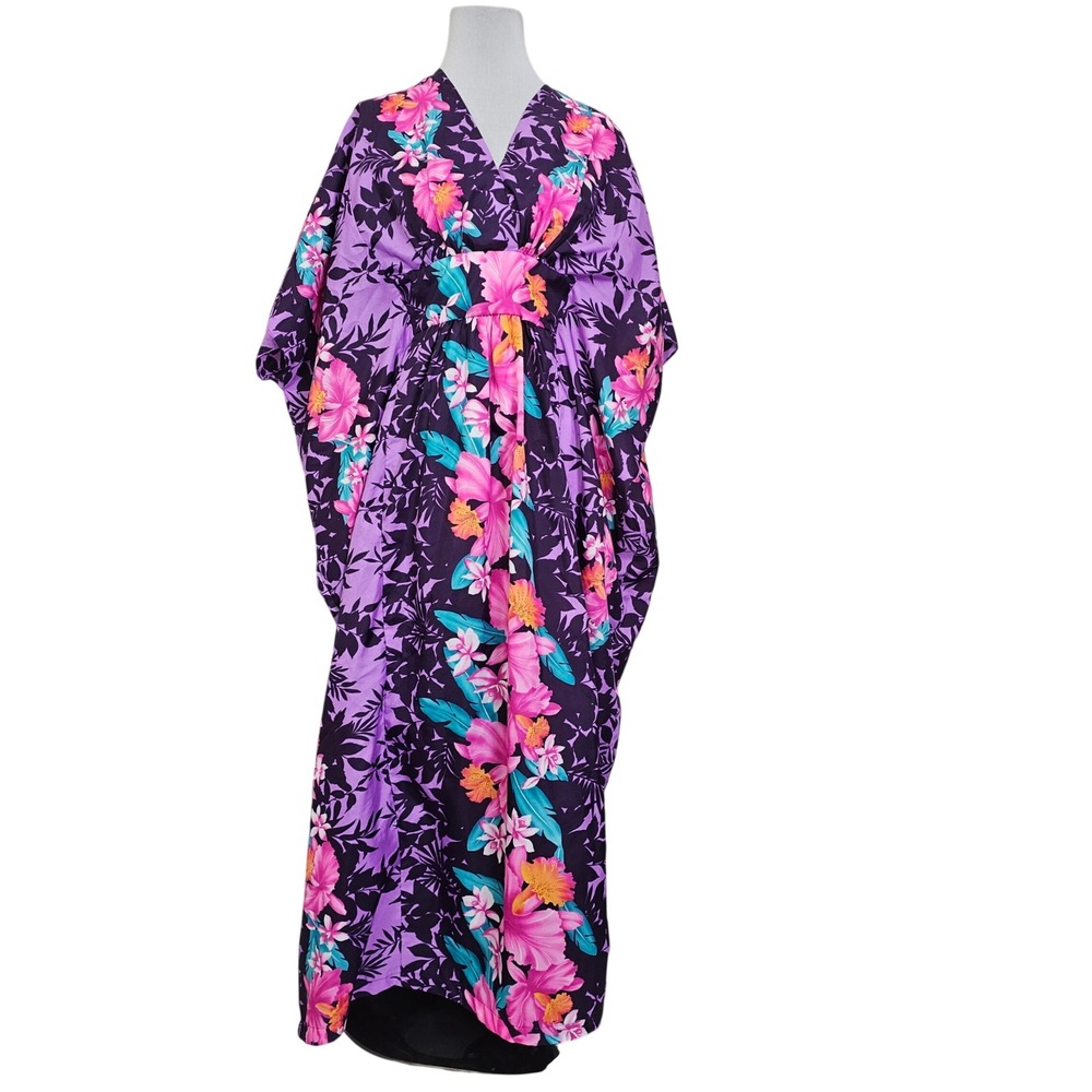 Vintage Royal Creations Hawaii Purple Floral Maxi Kaftan Muumuu OS USA Tiki
